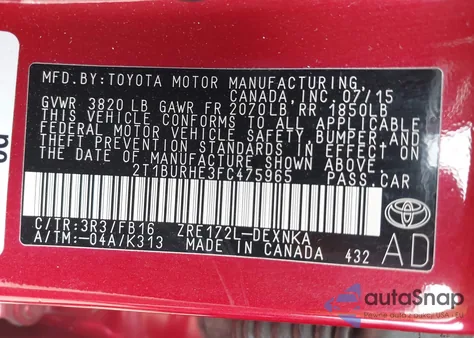 2015 Toyota Corolla Le из США, поврежденный, VIN 2T1BURHE3FC475965